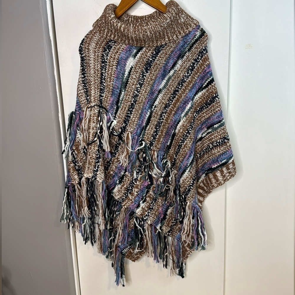 NWOT Anthropology OS knot, fringe,1 avail. Navy blue turtle neck poncho, boho